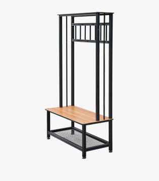 Entryway bench with a wooden seat, black metal frame, overhead hanging bars, and a lower mesh shelf for shoe storage, on a white background.