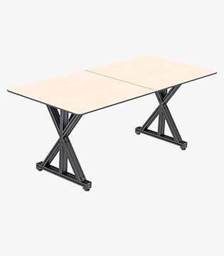 Expandable table with light wooden surface and a unique black criss-cross metal base, set against a white background.