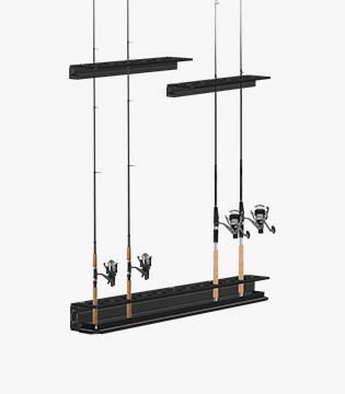 Suspended fishing rod storage system with black ceiling mounts, two wooden shelves, and rods with reels attached, set against a white background.