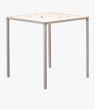 Simple square table with a light wood finish top and metallic legs, designed for games or crafts, presented on a white background.