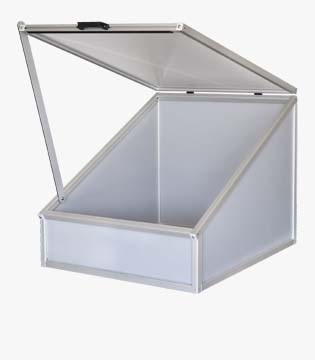 Modern garden box with a transparent hinged lid and a metallic frame, suitable for seedling growth or storage, set against a white background.