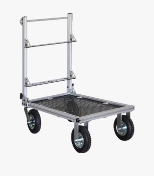 Utility garden cart with a mesh platform, robust wheels, and a vertical handlebar, constructed with a metallic frame, isolated on a white background.