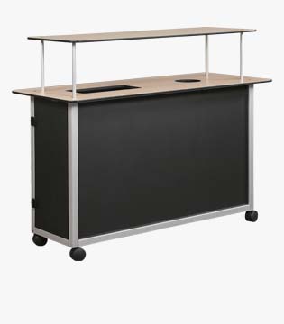 Mobile serving cart with a black finish, wooden top and shelf, featuring built-in compartments, and set on casters for easy movement.