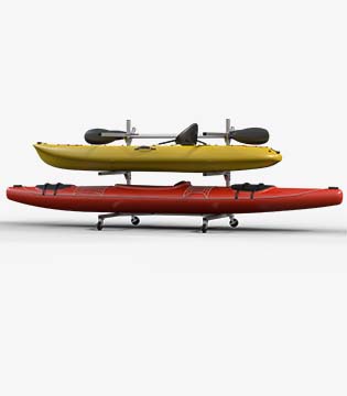 Double kayak storage rack with a metal frame, holding two kayaks in yellow and red, with paddles attached, on a white background.