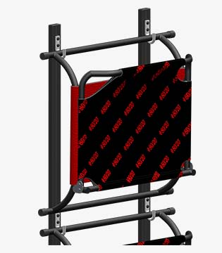 Wall-mounted storage rack with a black and red patterned chair secured on it, featuring a metal frame and adjustable arms, against a grey background.