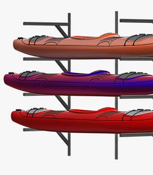 Wall-mounted rack holding three colorful kayaks in tan, purple, and red, displayed on a white background.