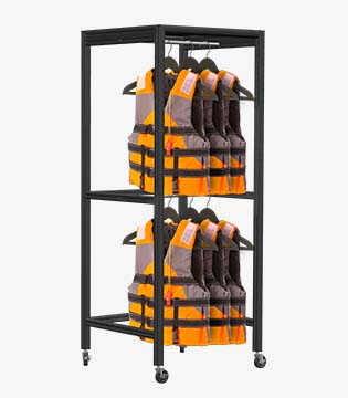 Mobile storage cart with two shelves, each stacked with orange and grey life jackets, designed for organization and portability, set on a white background.