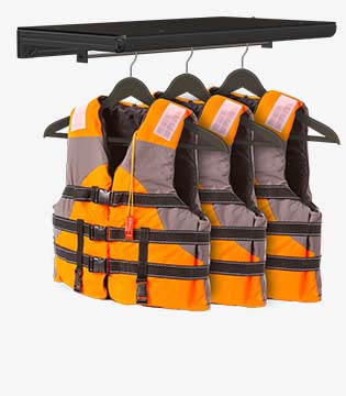 Suspended rack holding multiple orange and grey life jackets, designed for easy storage and drying, against a white background.