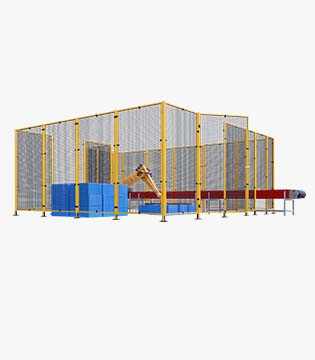 Large industrial safety enclosure with yellow framing and mesh panels, including a blue and red section, designed to protect machinery and operators.