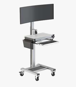 Mobile standing workstation with an adjustable monitor arm, keyboard tray, and a small shelf, mounted on a sleek metal frame with casters.