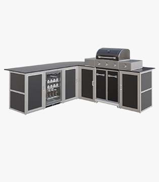 Modular outdoor kitchen and bar setup with stainless steel appliances, storage cabinets, and a built-in beverage cooler, set against a white background.