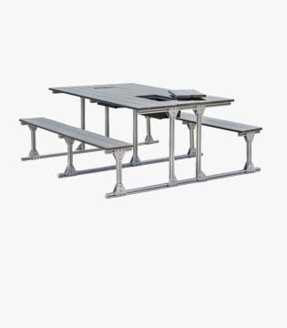Metal-framed picnic table with attached benches and a central cutout for an umbrella, featuring a gray finish, set against a white background.