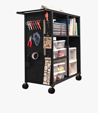 Crafting cart on casters with a black pegboard for tool hanging, side shelves stocked with materials and clear storage containers.