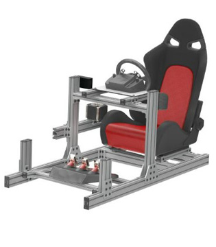 Custom-built racing simulator frame made of aluminum profiles, equipped with a red and black racing seat, steering wheel, and pedal set.