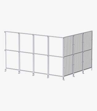 Modular silver safety partition system with mesh panels and metal poles, designed for workspace division or equipment protection, against a white background.