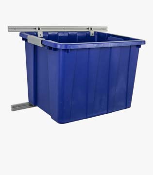 Blue industrial storage bin with metal sliding rails for easy access and organization, set against a white background.