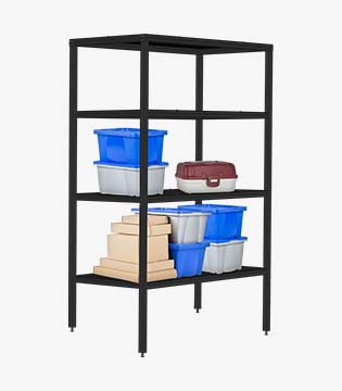 Metal shelving unit with multiple levels, organized with blue storage bins, a tool box, and stacked cardboard boxes, isolated on a white background.