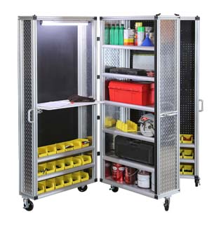 Mobile tool storage cabinet with aluminum frame and mesh doors open, showing organized shelves with bins, tools, and containers.