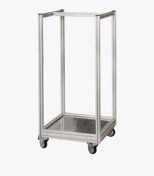 Metal frame utility cart with a mesh base on casters, designed for transport or storage, presented on a white background.