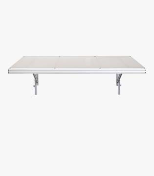 Minimalistic white workbench with a sturdy metal frame and under-shelf, isolated on a white background.