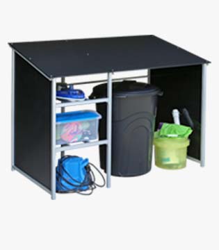 Outdoor storage unit in black with multiple compartments, housing a blue hose, storage bins, and cleaning equipment, set against a white background.