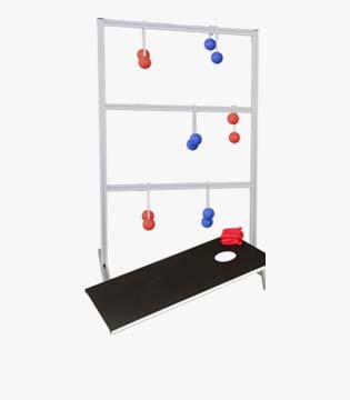 Outdoor game structure with a metal frame, featuring a toss game with red and blue balls on strings and a black ramp with a hole for ball rolling, set on a white background.