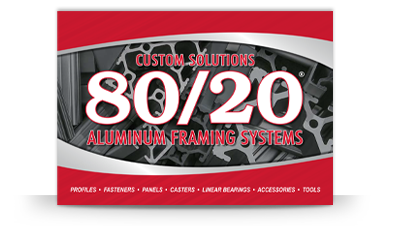 Promotional banner for '80/20 Custom Solutions Aluminum Framing Systems' with product categories listed below.