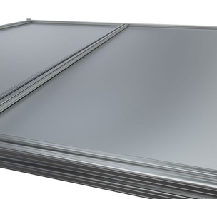 Modular aluminum panel with grooved framing edges.