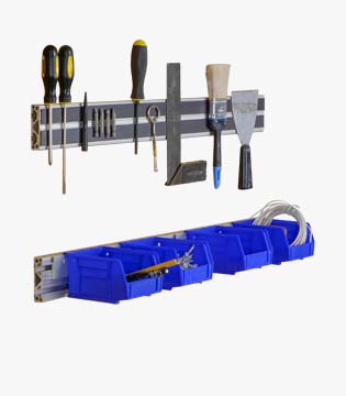 Tool organizer with various hand tools and a blue drill bit holder, showcasing an efficient storage solution, isolated on a white background.