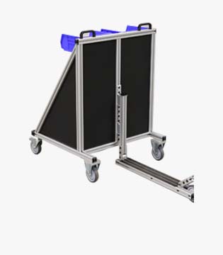 Custom mobile scooter cart with a triangular metal frame, black panels, and blue handles, equipped with swivel casters for easy maneuverability.