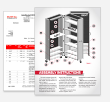 Assembly instruction sheet for a shelving unit, including detailed diagrams and a list of parts and tools required for setup.