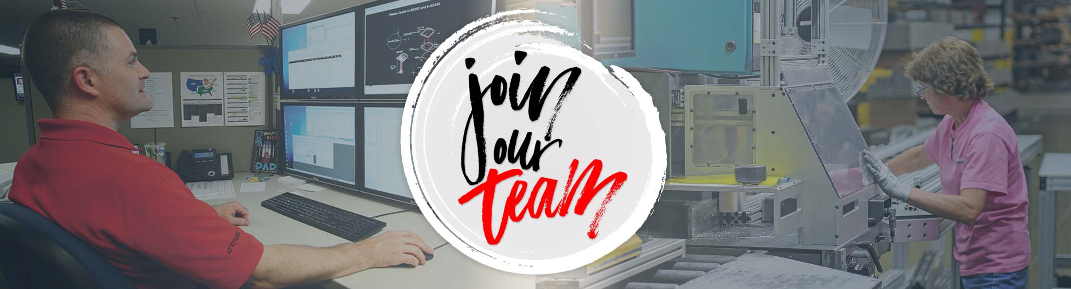Recruitment banner with 'join our team' message, featuring employees at workstations and a manufacturing setting.