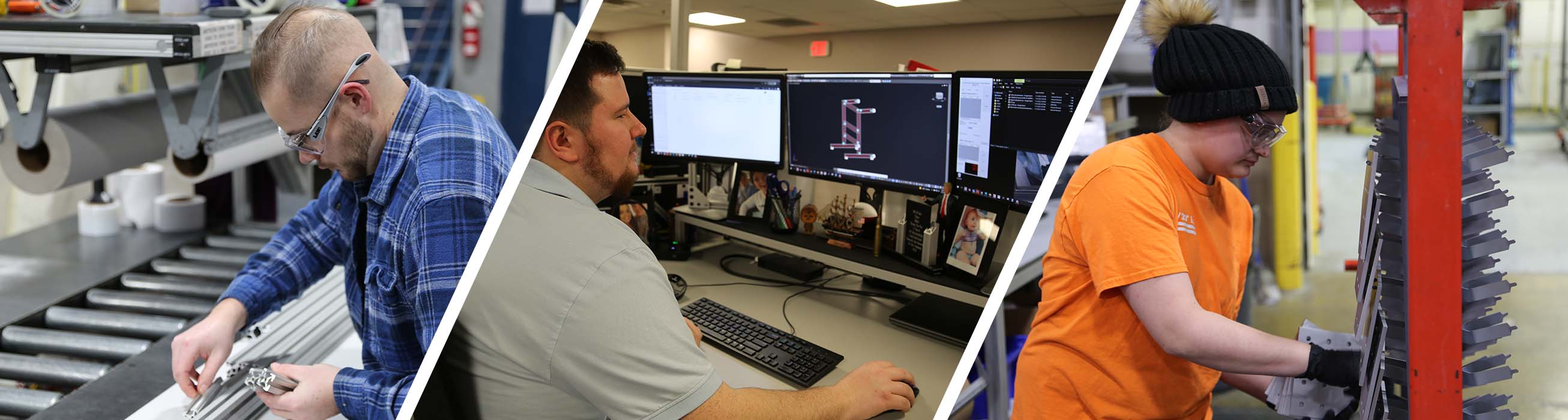 Collage of employees engaged in various tasks, from assembly line work to computer-aided design and manufacturing.