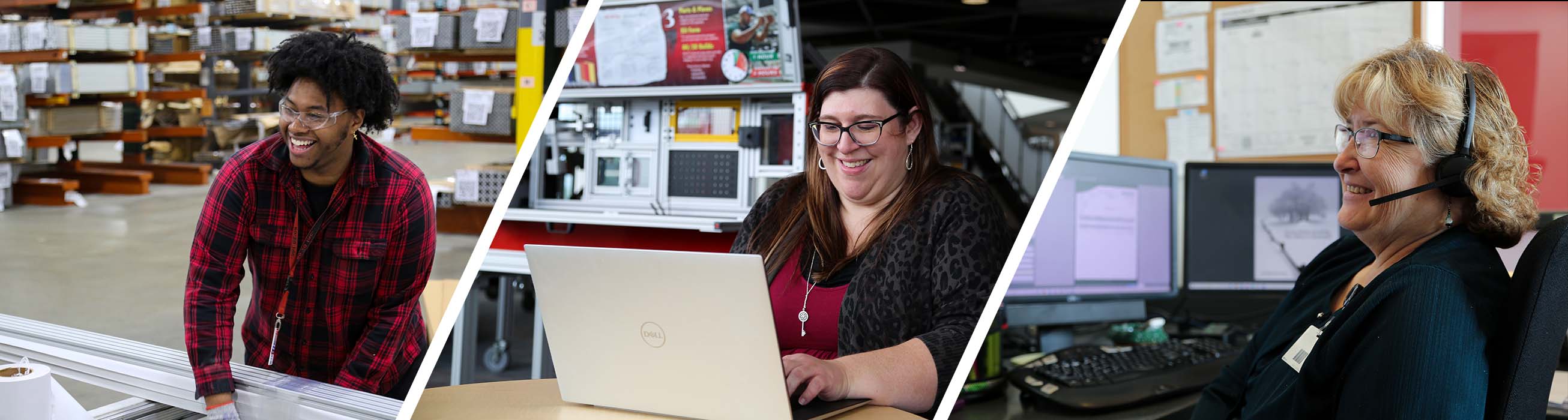 Company career banner featuring diverse employees in different work environments, smiling and engaged in their tasks.