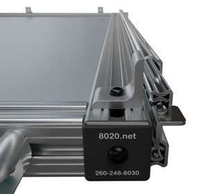 Aluminum extrusion framing system with a label showing contact information.