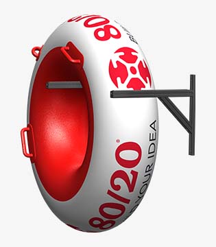 Spherical white and red branded display rack with wall mount, featuring the text '80/20 Your Idea' and graphic patterns, showcasing an open concept design.