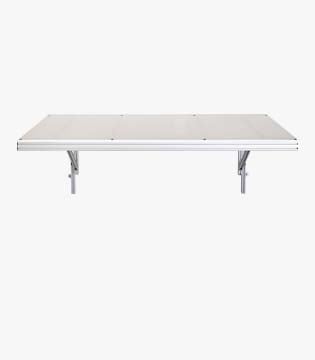 Minimalistic white workbench with a sturdy metal frame and under-shelf, isolated on a white background.