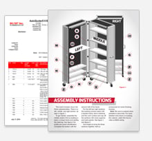 Assembly instruction sheet for a shelving unit, including detailed diagrams and a list of parts and tools required for setup.